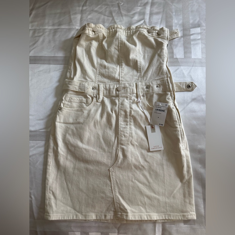 Good American Light Cream Denim Mini Dress